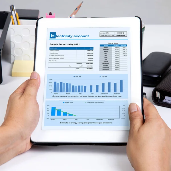 Someone Hands Holding Electronic Tablet Shown Electricity Account Screen — Stock Photo, Image