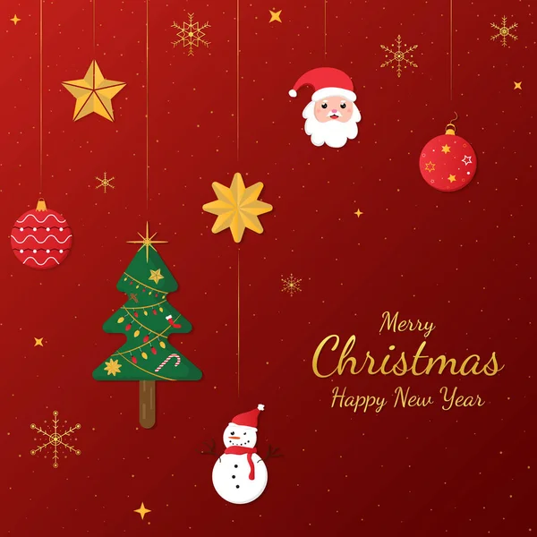 Natale Rosso Banner Cartoni Animati Disegno Oro Fiocco Neve Stile — Vettoriale Stock