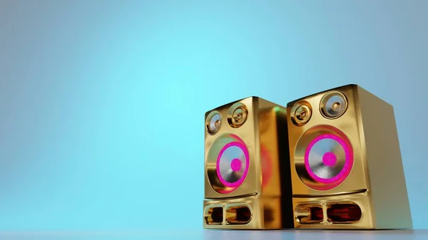 Golden Bling Luidsprekers Lichtblauwe Achtergrond Popmuziek Feest Hiphopcultuur Digitale Weergave — Stockfoto