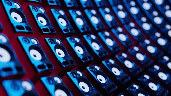 Wall of loudspeakers with colorful neon lights. Digital 3D render.