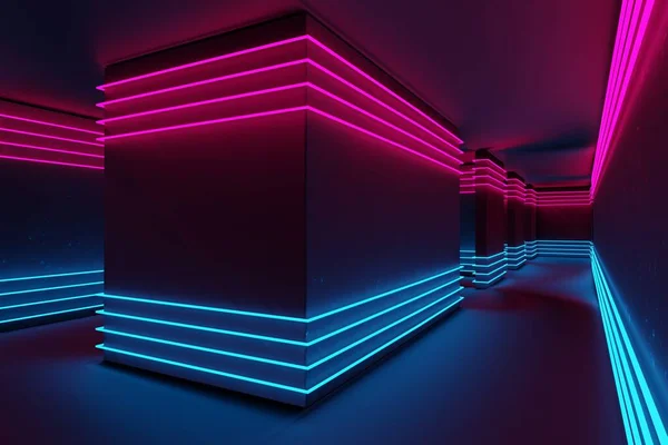 Neon Világított Folyosó Ciánban Bíborban Synthwave Cyberpunk Esztétika Absztrakt Renderelés Jogdíjmentes Stock Fotók