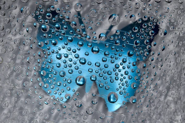 Блакитна Сіра Сфери Розташовані Сірому Тлі Синім Силуетом Метелика Абстрактна — стокове фото