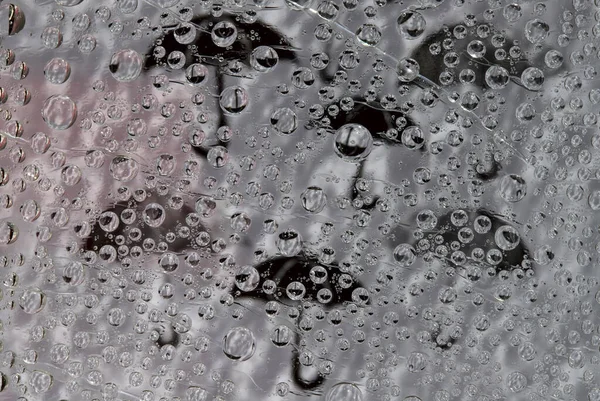 Дощ Краплі Дощу Падають Сіро Білий Фон Чорними Силуетами Парасольок — стокове фото