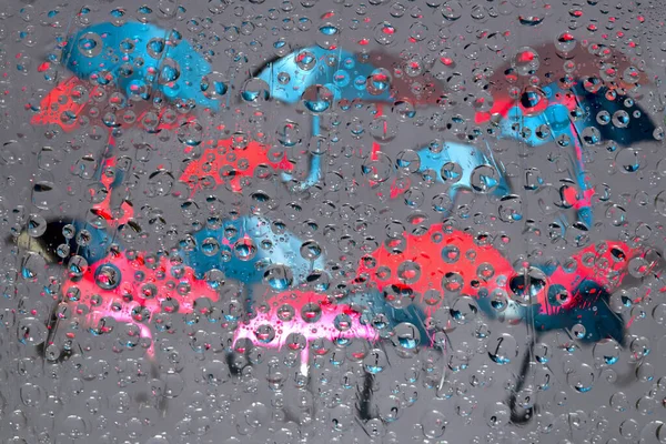 Rain Raindrops Fall Gray Background Blue Red Pink Umbrella Silhouettes —  Fotos de Stock