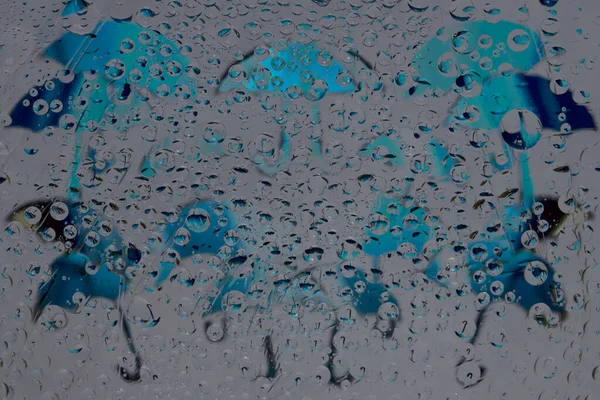 Rain Raindrops Fall Gray Background Blue Umbrella Silhouettes Reflections Abstract — Stock Photo, Image