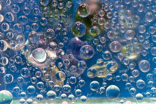 Transparent Drops Water Located Blue Background Multicolored Balls Abstract Fantasy — Stock Photo, Image