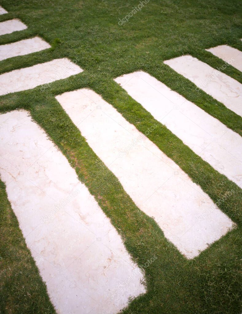 Pedestrian crossings are located among the green grass in the park. Close-up.