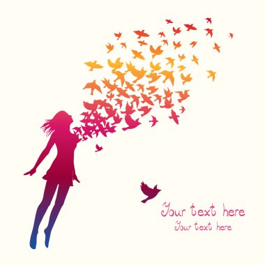 Kız bir kuş sürüsü ile atlama