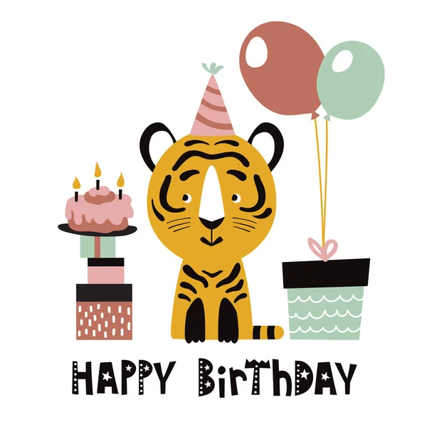 Cartão Aniversário Com Tigre Bonito Presente — Vetor de Stock