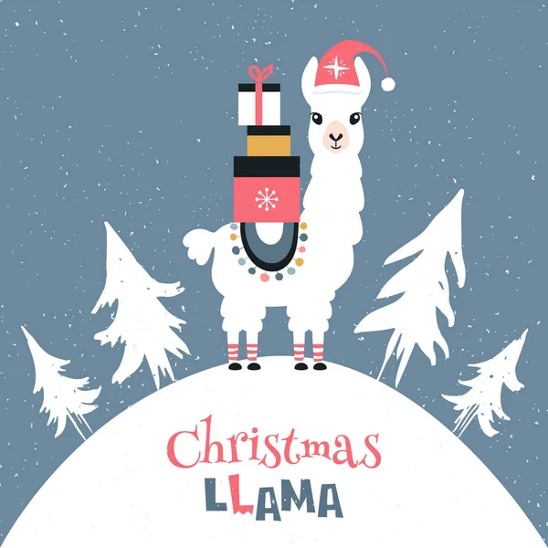 Tarjeta Navidad Con Linda Llama Dibujos Animados Vectores de stock libres de derechos