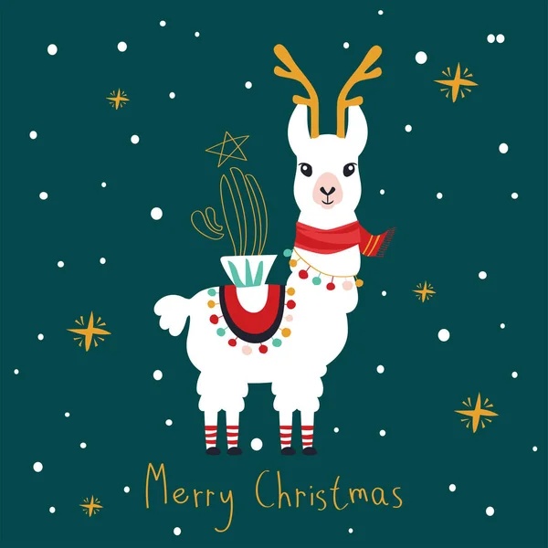 Kerstkaart Met Leuke Cartoon Lama Stockillustratie