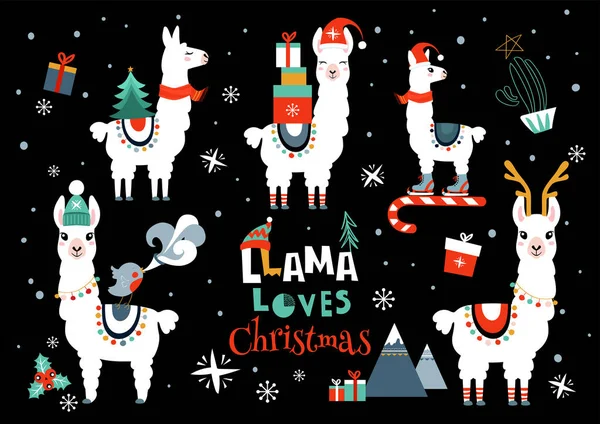 Christmas Greeting Card Cute Cartoon Llamas Royalty Free Stock Vectors