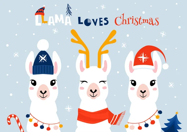 Christmas Greeting Card Cute Cartoon Llamas Vector Graphics