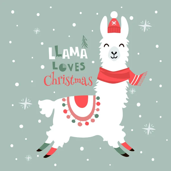 Tarjeta Navidad Con Linda Llama Dibujos Animados Vector de stock