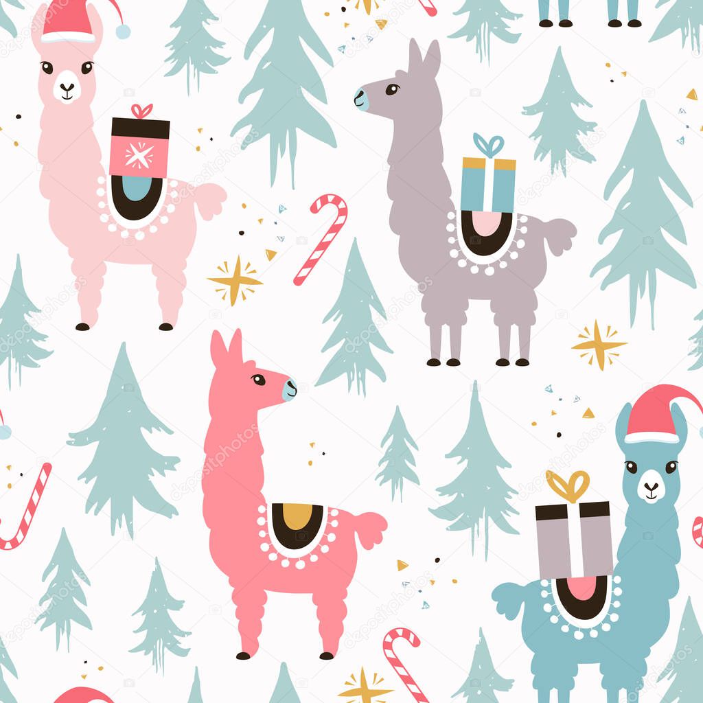 christmas seamless pattern with cute llamas 