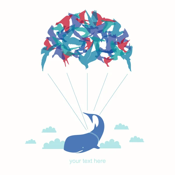 Parachute avec oiseaux et baleines — Image vectorielle