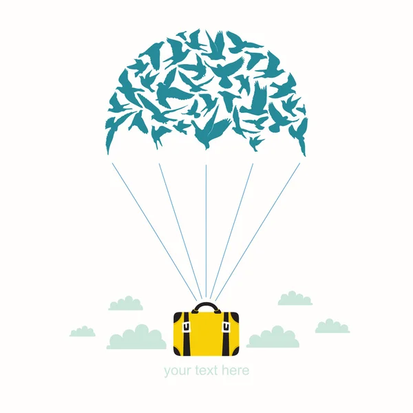 Parachute avec oiseaux et valise — Image vectorielle