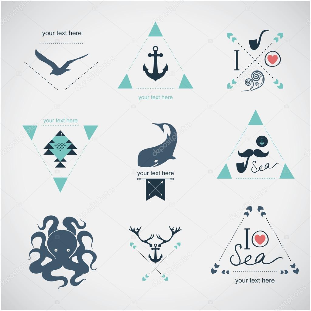 Hipster Icons set. sea, whale, mustaches, stag, octopus, seagull