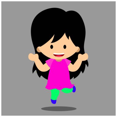 Kız çizgi film dansçısı, zıplayan, mutlu, neşeli. Günlük eğlence aktiviteleri. Komik karakter Vektör illüstrasyonu