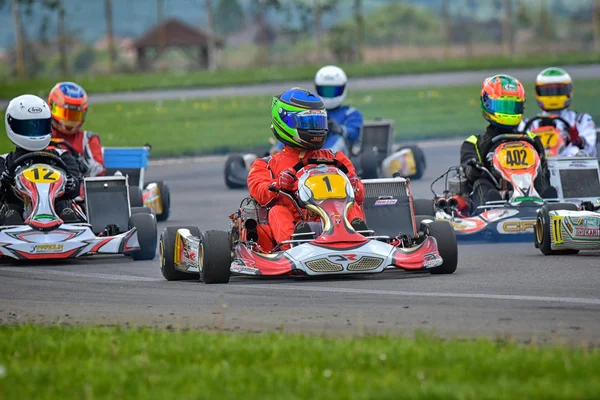 Prejmer, Brasov, Rumänien - 3. Mai: unbekannte Piloten, die an der nationalen Kartmeisterschaft Dunlop 2015 teilnehmen, am 3. Mai 2015 in Prejmer, Rumänien — Stockfoto