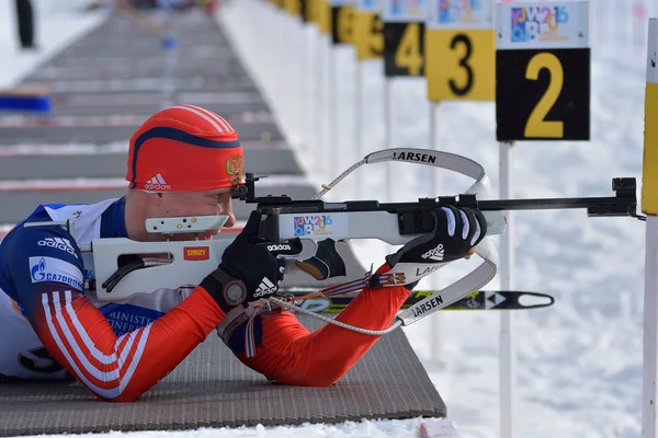 Cheile Gradistei, Rumunsko - 24. ledna: Neznámý závodník v Ibu mládež & Junior Světové mistrovství Evropy v biatlonu 24. ledna 2016 na 02 únor 2016, v Cheile Gradistei, Romanaia Stock Snímky