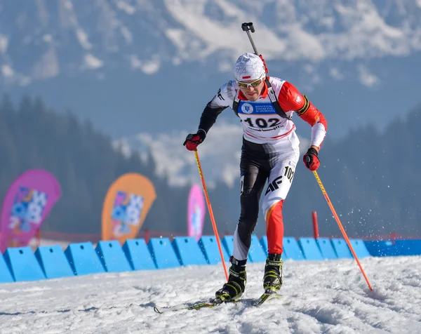 Cheile Gradistei, Roamania - 30 de enero: Desconocido competidor en IBU Youth & Junior World Championships Biathlon 24 de enero de 2016 a 02 de febrero de 2016, en Cheile Gradistei, Romanaia Fotos de stock