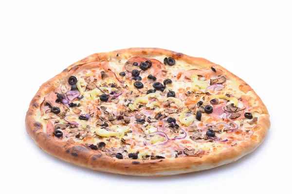 Pizza with ham, onion and olives — Stock Photo, Image