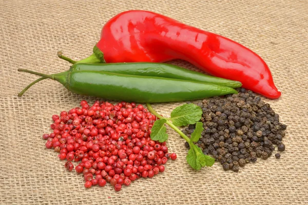 Red hot chili pepper on the jute gunny bag — Stock Photo, Image