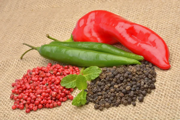 Pimiento rojo picante en la bolsa de yute gunny —  Fotos de Stock