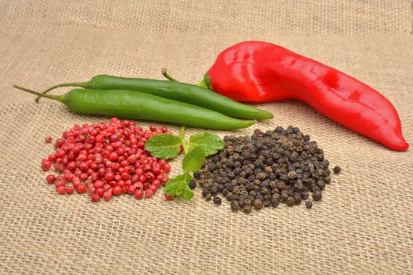 Red hot chili pepper on the jute gunny bag — Stock Photo, Image