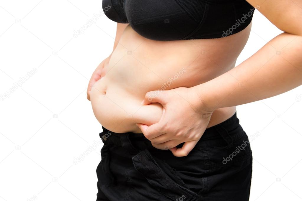 Fat woman squeeze belly obese wearing black underwear bra overweight  concept Stock Photo by ©maxshutter 109169328
