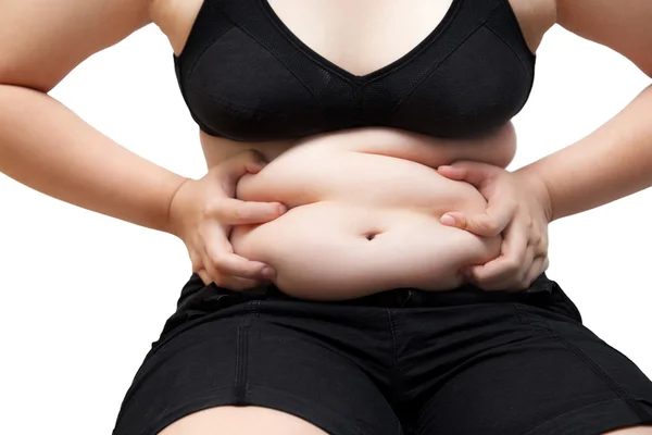 Gordura mulher apertar barriga obeso vestindo preto cueca sutiã sobrepeso conceito — Fotografia de Stock