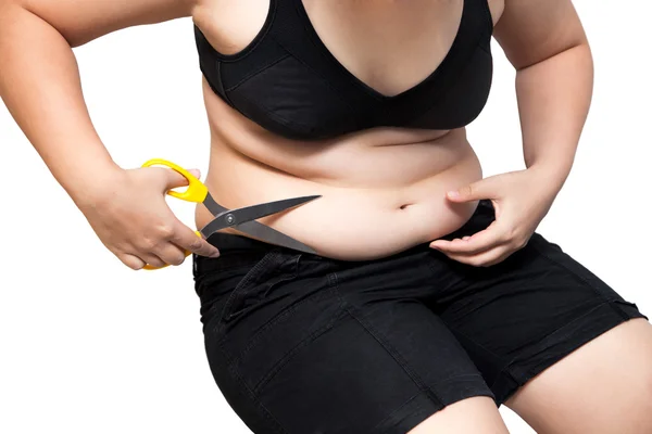 Fat Woman Cut obese belly and cellulite plastic surgery liposuction concept — Stock Photo, Image