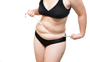 şişman kadın göstermek ve ölçü bandı tarafından vücut yağ sıkın sıkmak veya 