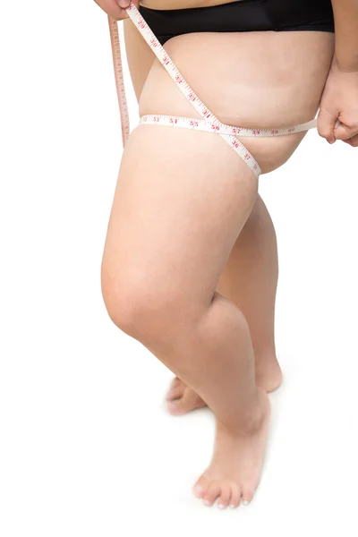 Жирна жінка показує і стискає затягування, жир тіла ноги за мірним краном — стокове фото
