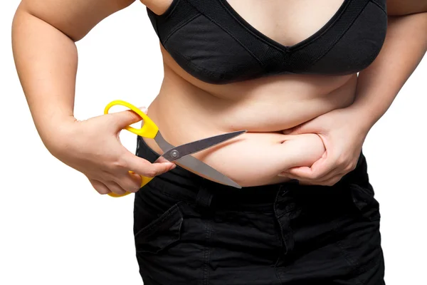 Feta kvinnan skära fetma magen celluliter av sax viktminskning pl — Stockfoto