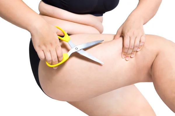 Fet kvinna skär fetma ben plastikkirurgi konceptet isolerad på vit — Stockfoto
