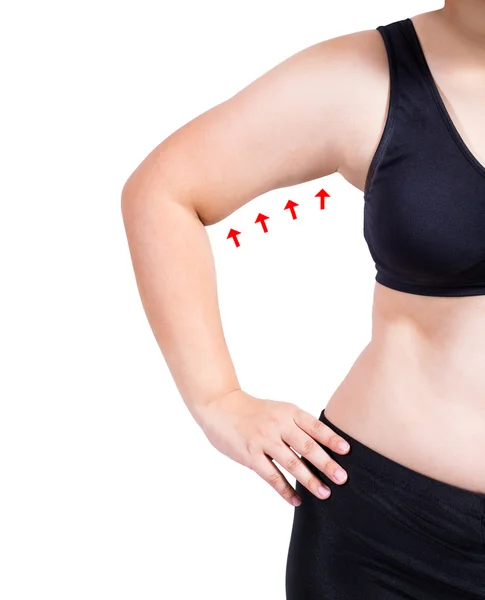 Fat Woman Show And Squeeze Tighten Body Fat By Measure Tape Or Line Tape  Wearing Black Underwear Bra On White Isolated Stock Photo, Picture and  Royalty Free Image. Image 59780389.