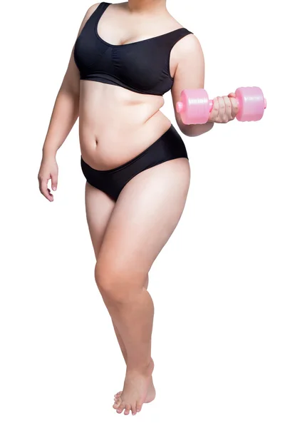 Tlustá žena fitness cvičení hmotnostní úbytek sport s činka izolovaných na bílém — Stock fotografie