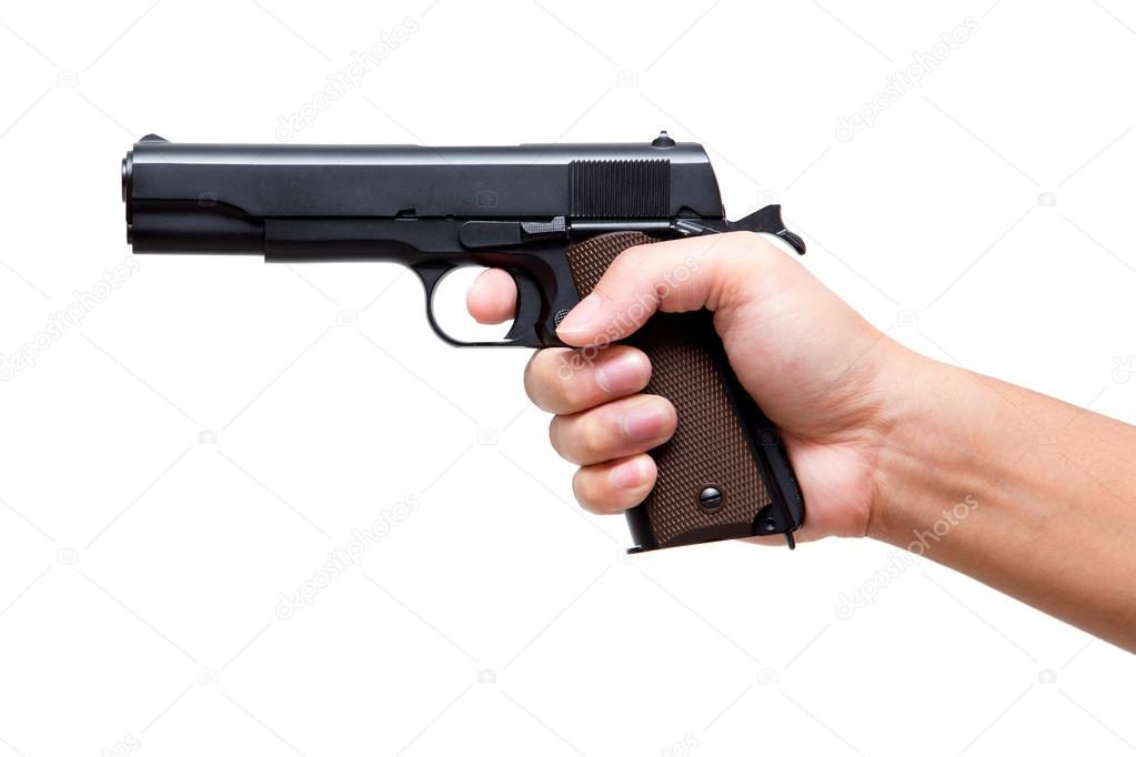 Hand holding pistol gun, finger on the trigger, 11 mm Stock Photo by