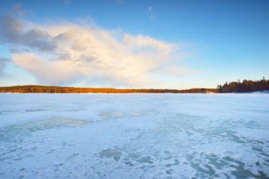 Gün batımında donmuş göl ve karla kaplı çam ormanı. Buz dokusu. Dramatik gökyüzü, pembe bulutlar. Kış Harikalar Diyarı. Doğa, çevre koruma, ekoloji, iklim değişikliği, eko-turizm, Noel