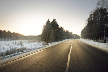 Gün batımında kozalaklı ormanın içinden temiz boş bir asfalt köy yolu. Kar fırtınasından sonra çam ve çam ağaçları. Kış yolculuğu. Letonya