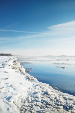 Açık bir günde donmuş deniz kıyısı, dalgalar yakın mesafede. Mavi gökyüzü. Kış manzarası. Görüntüyü algıla. Mevsimler, doğa, ekoloji, çevre, iklim değişikliği, küresel ısınma