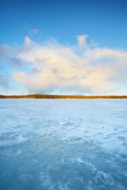 Gün batımında donmuş göl ve karla kaplı çam ormanı. Buz dokusu. Dramatik gökyüzü, altın bulutlar. Kış Harikalar Diyarı. Doğa, çevre koruma, ekoloji, iklim değişikliği, eko-turizm, Noel