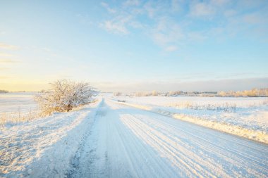 Gün batımında kar fırtınasından sonra karla kaplı arazide köy yolu. Gökyüzü açık, altın ışık. Idyllic kırsal kesim. Panoramik manzara. Noel, lojistik, tehlikeli sürüş, off-road, ulaşım