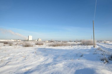 Güneşli bir kış gününde donmakta olan ağaçlar. Açık mavi gökyüzü. Arka planda fabrika var. Riga, Letonya. Yakıt ve enerji üretimi, sanayi, alternatif enerji, çevresel hasar, küresel ısınma