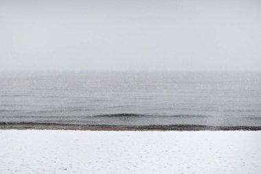 Yoğun bir siste karla kaplı kumlu deniz manzarası. Atmosferik monokrom manzarası. Doğa, çevre koruma, ekoloji, kış, iklim değişikliği, küresel ısınma
