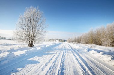 Güneşli bir günde kırsal alanda karla kaplı tek şeritli yol. Finlandiya. Açık mavi gökyüzü. Yaprak döken ve yemyeşil ağaçlar arka planda kırağı kaplamış. Idyllic kış manzarası