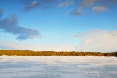Gün batımında donmuş göl ve karla kaplı çam ormanı. Buz dokusu. Dramatik gökyüzü, yumuşak güneş ışığı. Idyllic kış sahnesi. Doğa, çevre koruma, ekoloji, iklim değişikliği, eko-turizm, Noel