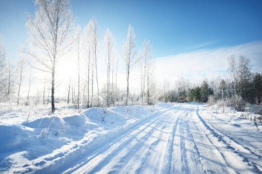 Güneşli bir günde kırsal alanda karla kaplı tek şeritli yol. Finlandiya. Açık mavi gökyüzü. Yaprak döken ve yemyeşil ağaçlar arka planda kırağı kaplamış. Idyllic kış manzarası